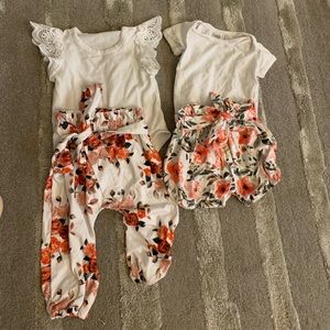 Fall outfit for infant baby girl. 2 onesies, 1 short and 1 pant. Similar pattern